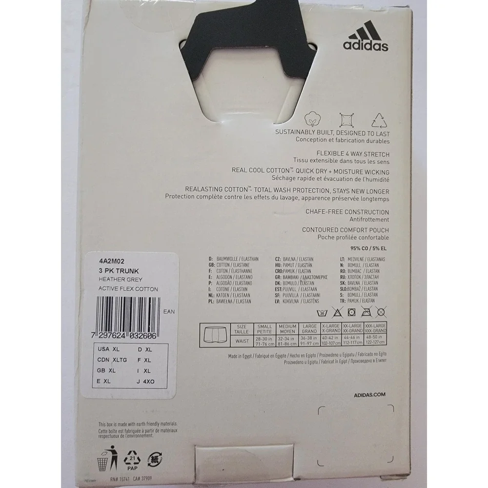 Adidas Mens 3 Pack Active Flex Cotton Trunks XL Black Heather Grey 4A2M02